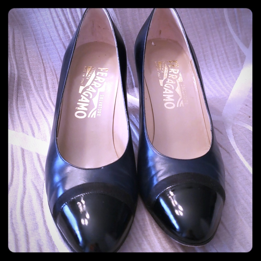 Navy blue leather ferragamo pumps